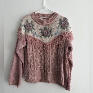 Vintage 90’s Knit Floral Sweater with Fringe Accents.